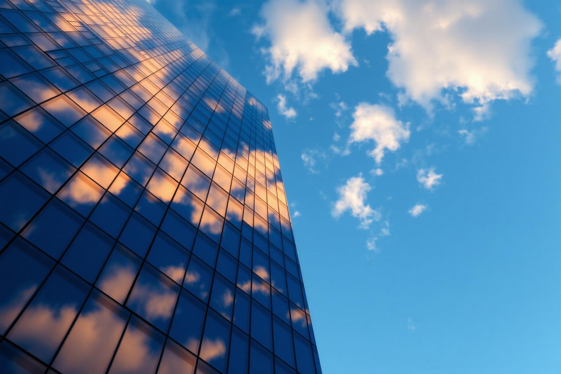 Prédio espelhado moderno refletindo o céu